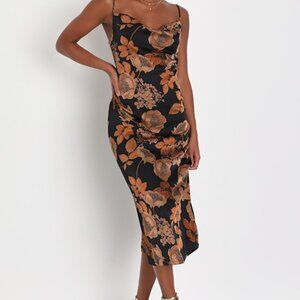 Lulus Favorite Icon Black Floral Satin Cowl Neck Slip Midi Dress - Size XL